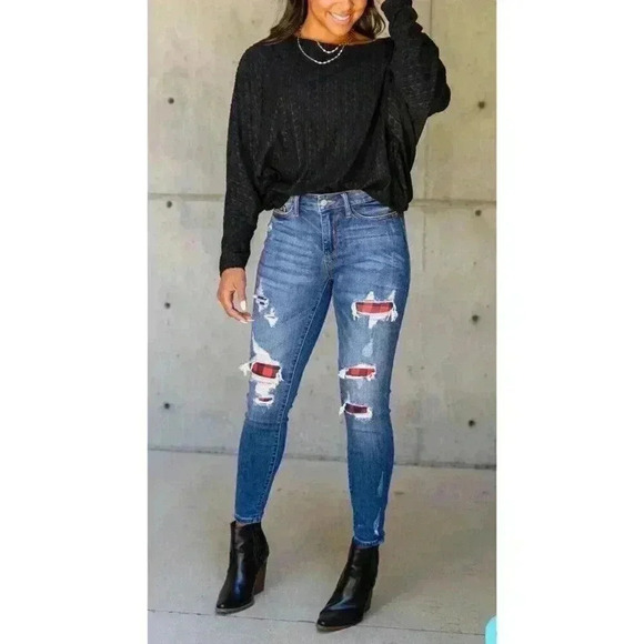 Judy Blue Denim - Judy Blue Skinny Fit Jeans Womens Size 7/28 Buffalo Plaid Distressed JB82167MD